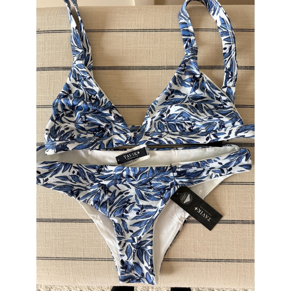 Tavik Swimwear Womens Blue White Leaf Print Triangle Bikini Set Two Piece NWT